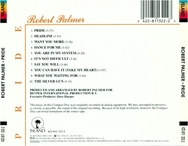 robert palmer pride trasera Robert Palmer – Pride Cd