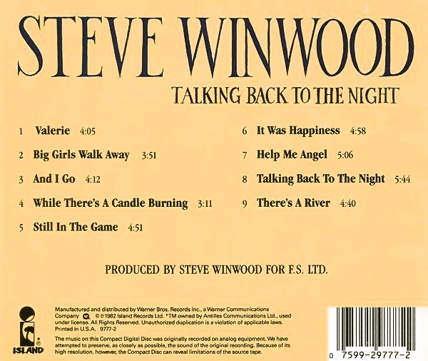 steve trasera Steve Winwood – Talking Back To The Night Cd