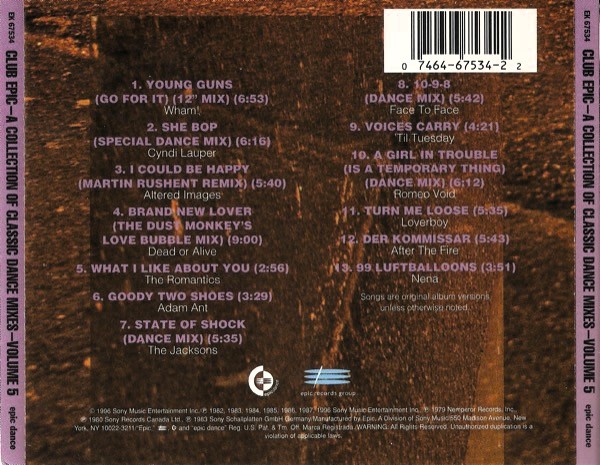 club epic 5 trasera Club Epic (A Collection Of Classic Dance Mixes) Volume 5 Cd (Varios Artistas)