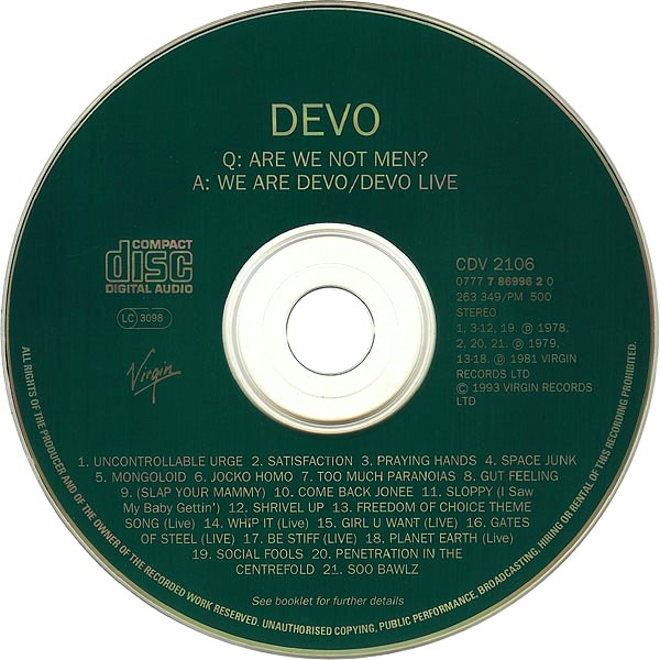 devo live cd Devo – Q: Are We Not Men? A: We Are Devo / Devo Live Cd (2 Álbumes en 1 cd)