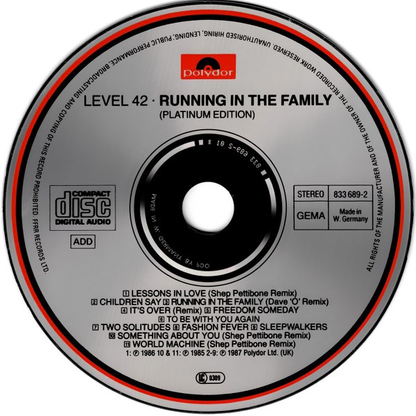 level 42 platinum cd Level 42 – Running In The Family (Platinum Edition) 12"