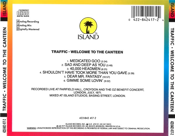 traffic trasera Traffic – Welcome To The Canteen Cd