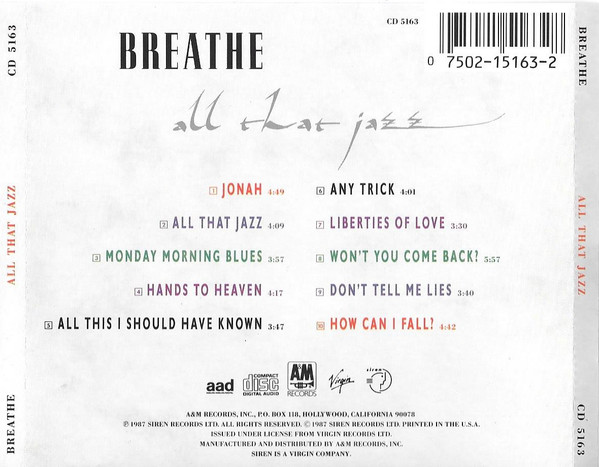Breathe – All That Jazz Cd (Usa 1988)