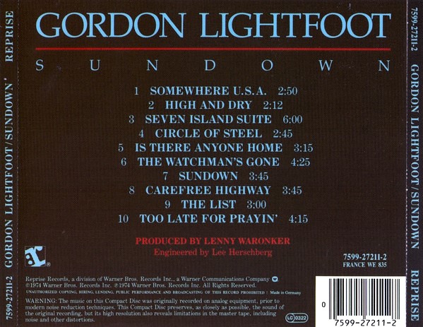 gordon lightfoot sundown trasera Gordon Lightfoot – Sundown Cd