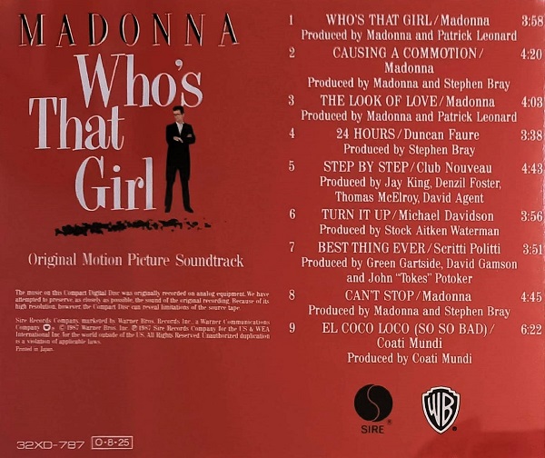 madonna whos that trasera Madonna – Who's That Girl (Original Motion Picture Soundtrack) Cd Japonés