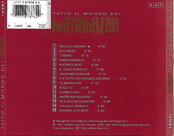 matia bazar best trasera Matia Bazar – Tutto Il Mondo Dei Matia Bazar Cd (Compilación en Italiano)