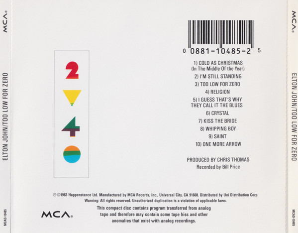elton john too trasera Elton John – Too Low For Zero Cd
