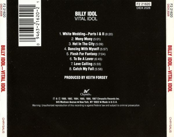billy idol vital trasera Billy Idol – Vital Idol Cd (12" & Extended)