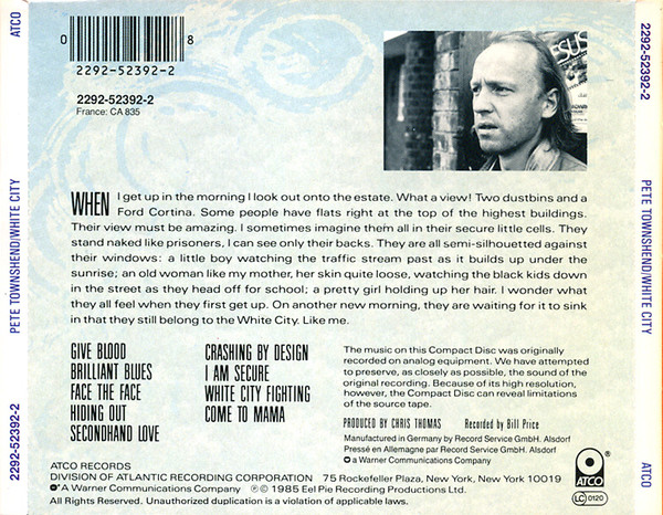 pete townshend trasera Pete Townshend – White City: A Novel Cd