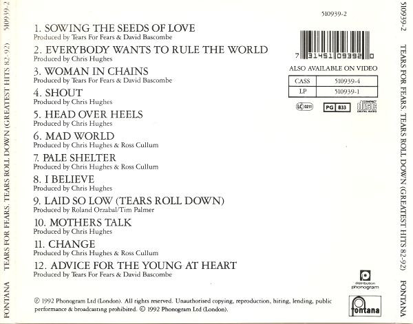 tears for fears greatest trasera Tears For Fears – Tears Roll Down (Greatest Hits 82-92) Cd