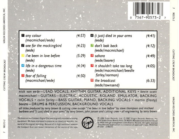 cutting crew usa trasera Cutting Crew – Broadcast Cd (I Just Died In Your Arms : Versión Completa)