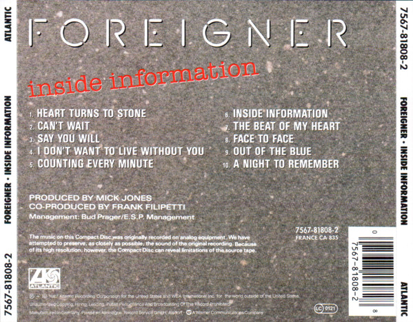 foreigner inside trasera Foreigner – Inside Information Cd