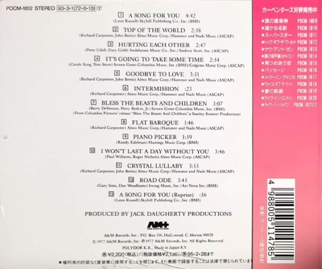 carpenters a song JP trasera Carpenters – A Song For You Cd Japonés