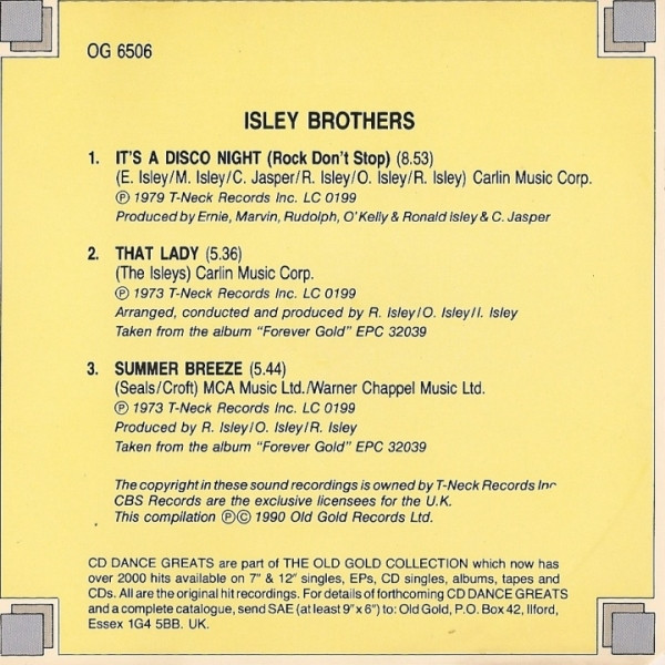 isley brothers single its a disco trasera Isley Brothers – It's A Disco Night (Rock Don't Stop) / That Lady / Summer Breeze Cd Single