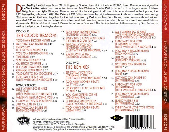 jason donovan deluxe trasera Jason Donovan – Ten Good Reasons Cd Deluxe Edition (12", Remixes, Intrumentals)