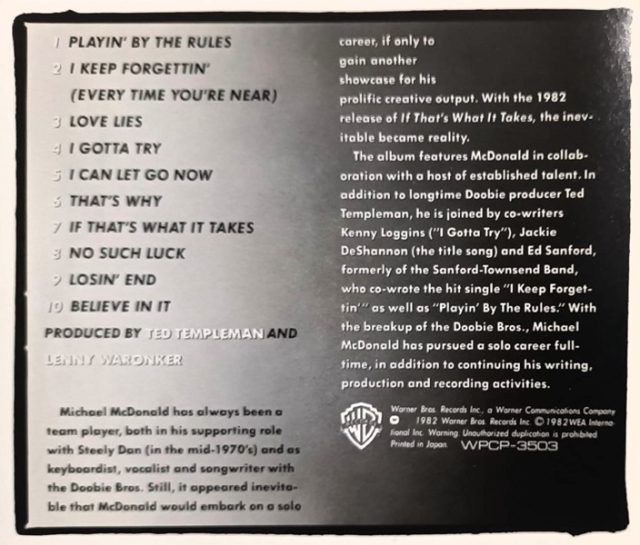 michael mcdonald if that JP trasera Michael McDonald – If That's What It Takes Cd Japonés (I Keep Forgettin') AOR