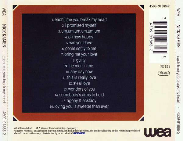 nick kamen each time trasera Nick Kamen – Each Time You Break My Heart Cd