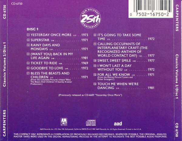 Carpenters – Classics A & M 25 Anniversary 2 Cds