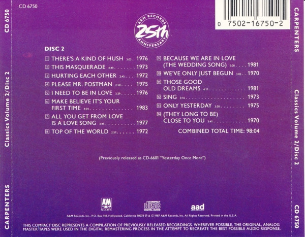 Carpenters – Classics A & M 25 Anniversary 2 Cds