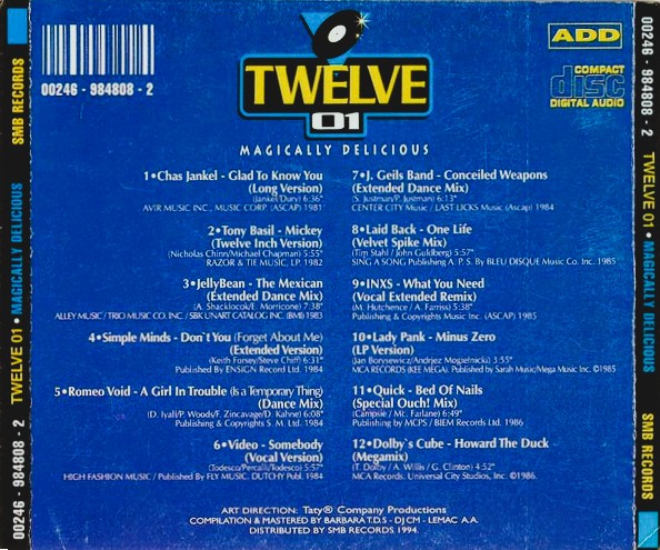 twelve 1 trasera Twelve 01 - Magically Delicious Cd (Varios Artistas 12" : Lady Pank - Quick - Dolby's Cube - Video - laid Back - J. Geils Band)